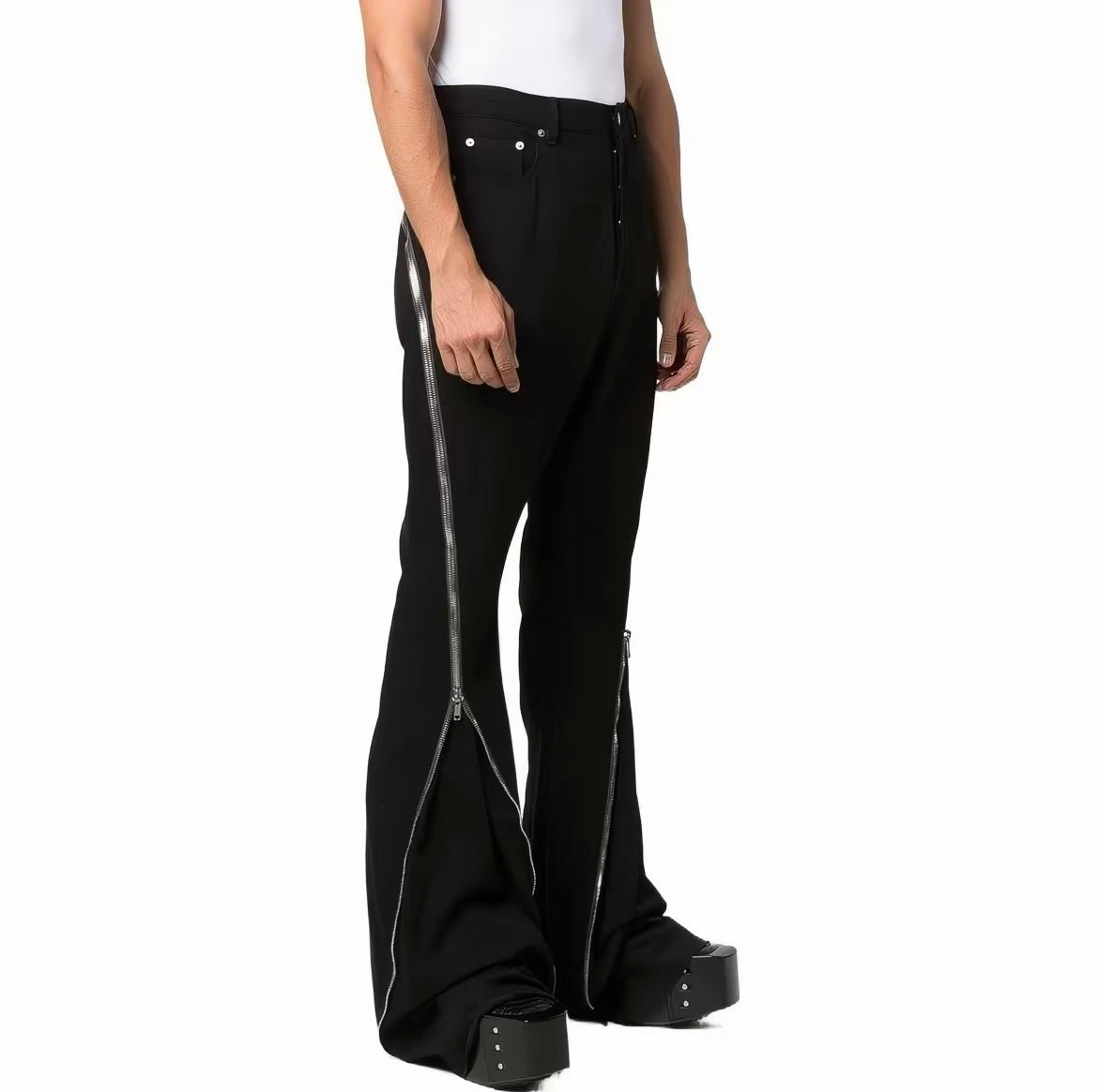 Women’s Black Zipper Flare Pants | Y2K High Waist Slim Fit Bell Bottom Trousers