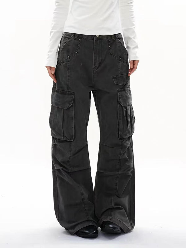ShineNest Women's Washed Cargo Wide Leg Pants Hover Image