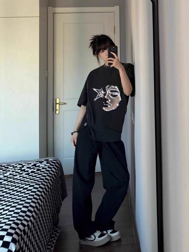 ShineNest Chrome Face Vintage Washed Oversized T-Shirt