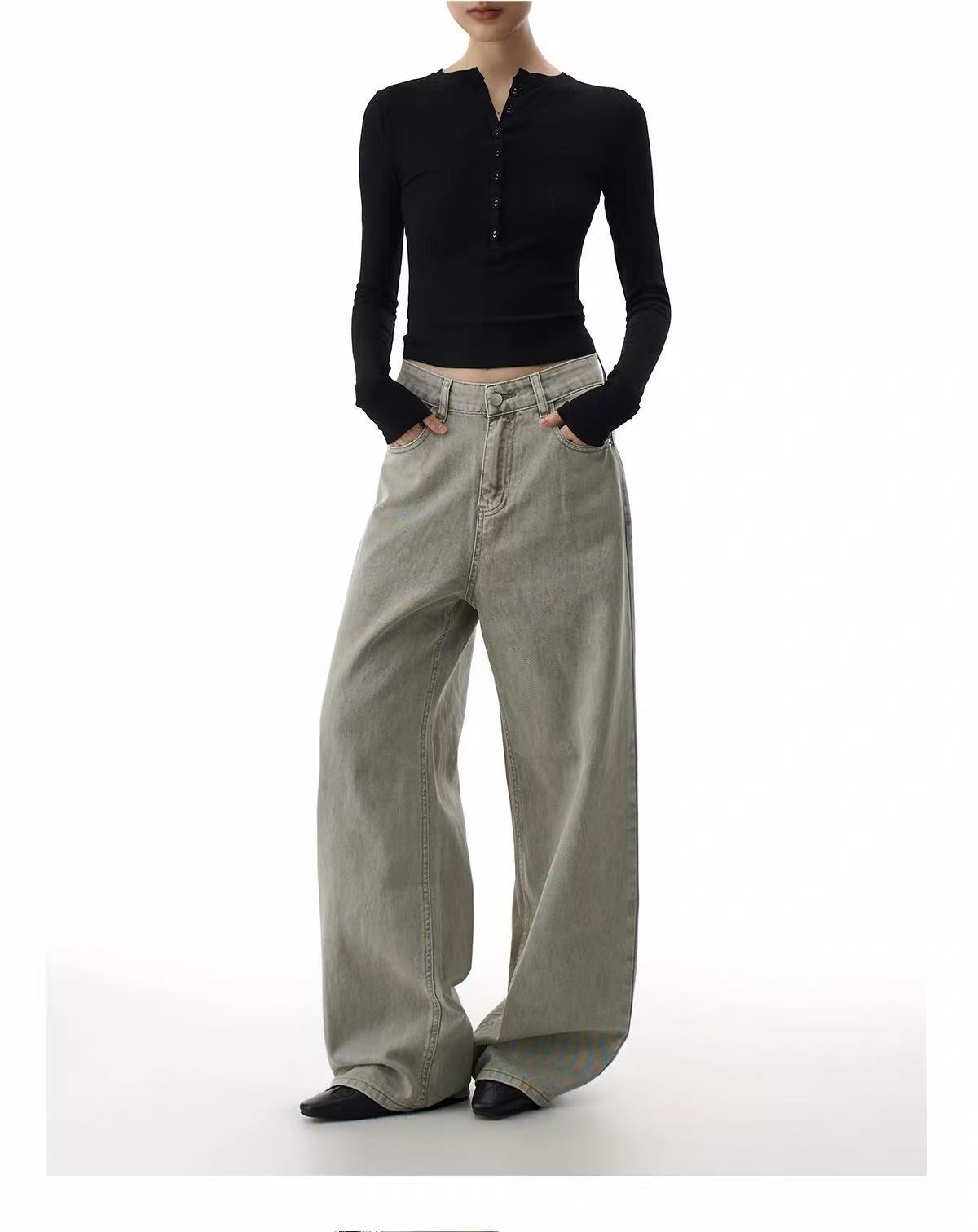ShineNest Women's Vintage Wash Wide Leg Jeans