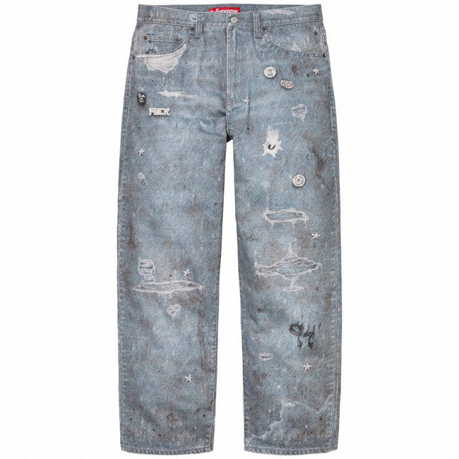 Supreme Distressed Graphic Denim Jeans - Light Blue Wash Hover Image