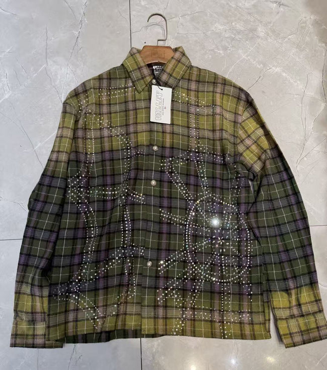 Vale Forever Plaid Rhinestone Embellished Vintage Wash Long-Sleeve Button-Up Shirt Hover Image