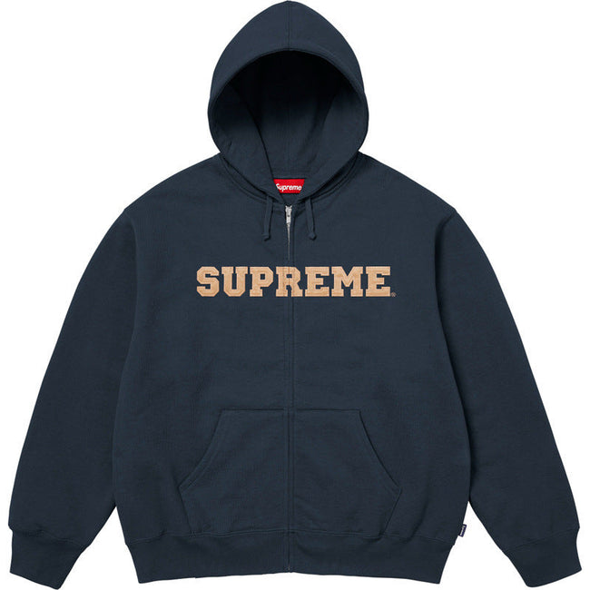 Supreme Collegiate Logo Zip-Up Hooded Sweatshirt - Navy / Tan Hover Image