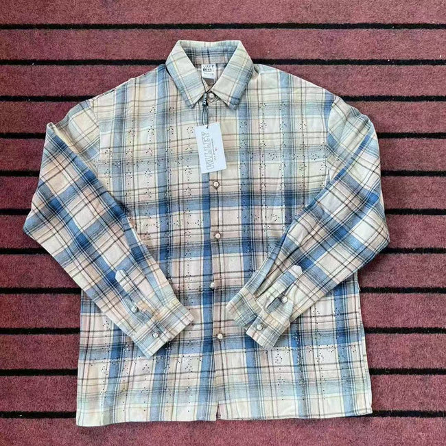 Vale Forever Blue Plaid Rhinestone Embellished Vintage Wash Long-Sleeve Button-Up Hover Image