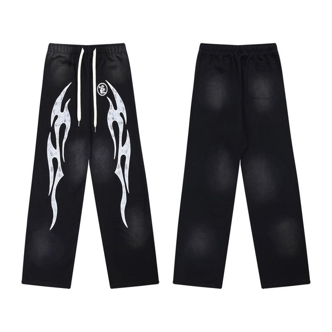 HELLSTAR Flame Graphic Wide Leg Sweatpants Black Hover Image
