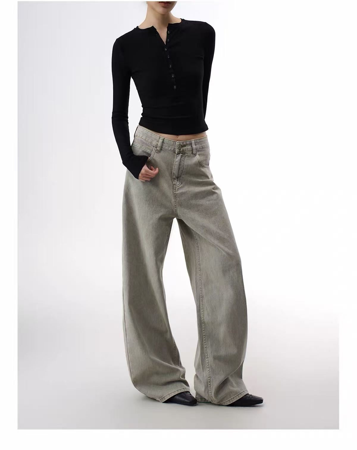 ShineNest Women's Vintage Wash Wide Leg Jeans