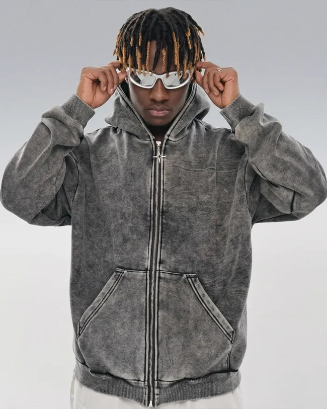 Acid washed zip up hoodie "Saber" Hover Image