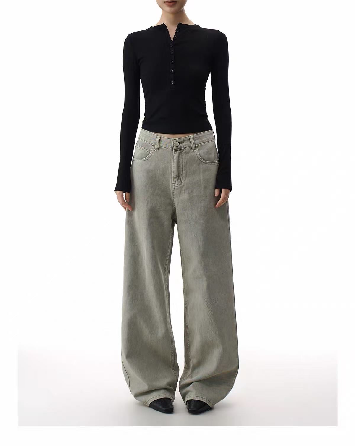 ShineNest Women's Vintage Wash Wide Leg Jeans