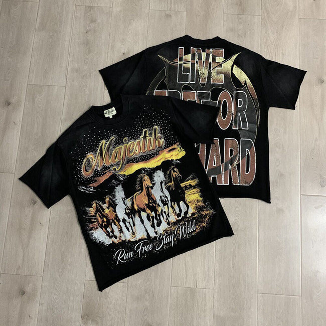 Vintage Horse Graphic Oversized T Shirt Western Retro Streetwear Tee Hover Image