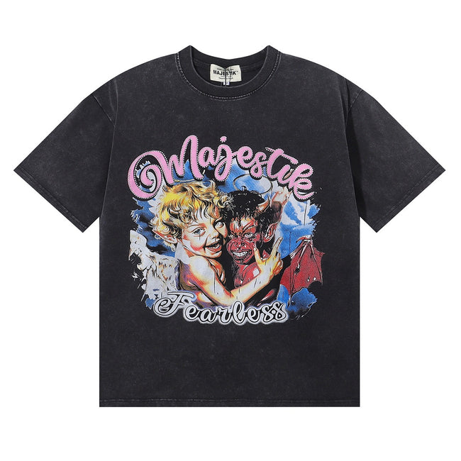 Fearless Angel Devil Graphic Oversized T-Shirt – Vintage Streetwear Short Sleeve Tee Hover Image
