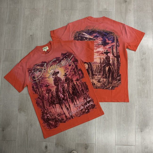 Vintage Graphic Print Oversized T Shirt for Men, Western Cowboy Streetwear Short Sleeve Tee Hover Image