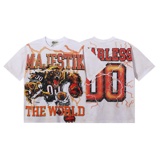 Lightning Football Bear Graphic Oversized T-Shirt – Vintage Streetwear Short Sleeve Tee Hover Image
