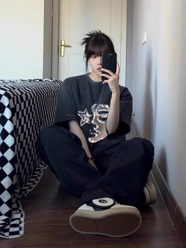 ShineNest Chrome Face Vintage Washed Oversized T-Shirt