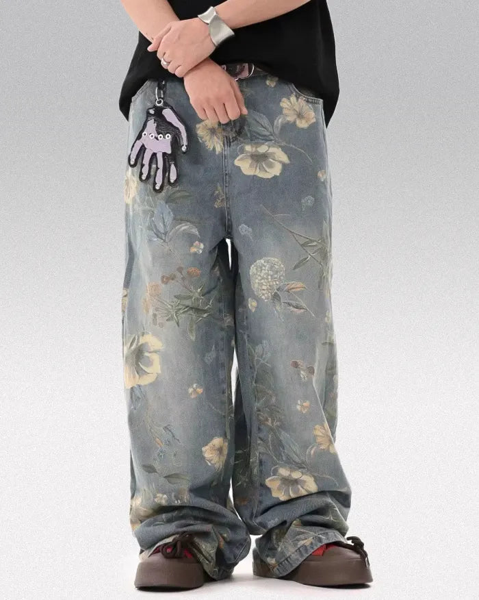 Printed floral jeans "Azure"