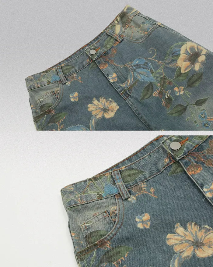 Printed floral jeans "Azure"