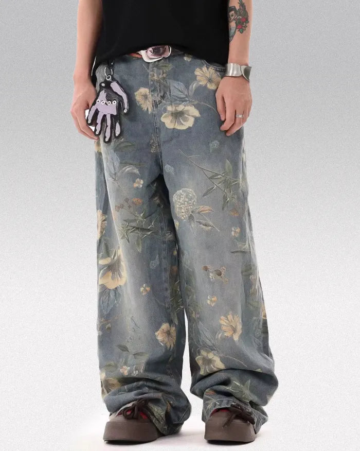Printed floral jeans "Azure"