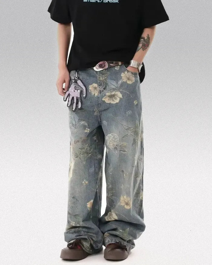 Printed floral jeans "Azure"