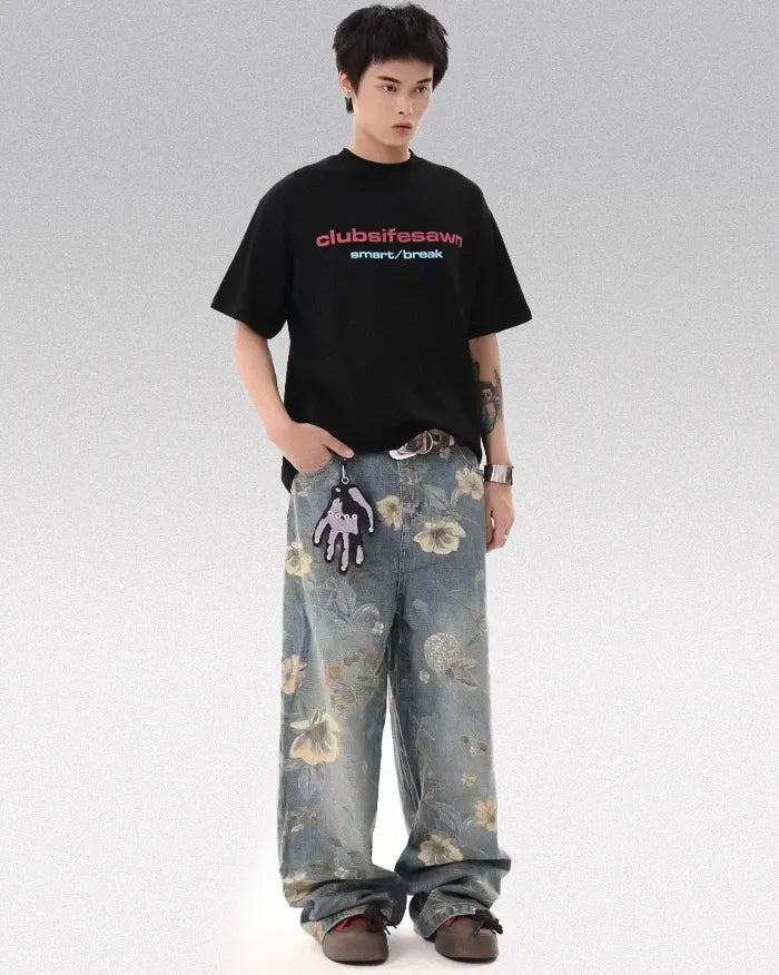 Printed floral jeans "Azure"