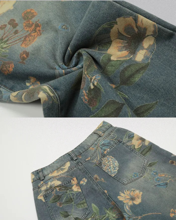Printed floral jeans "Azure"