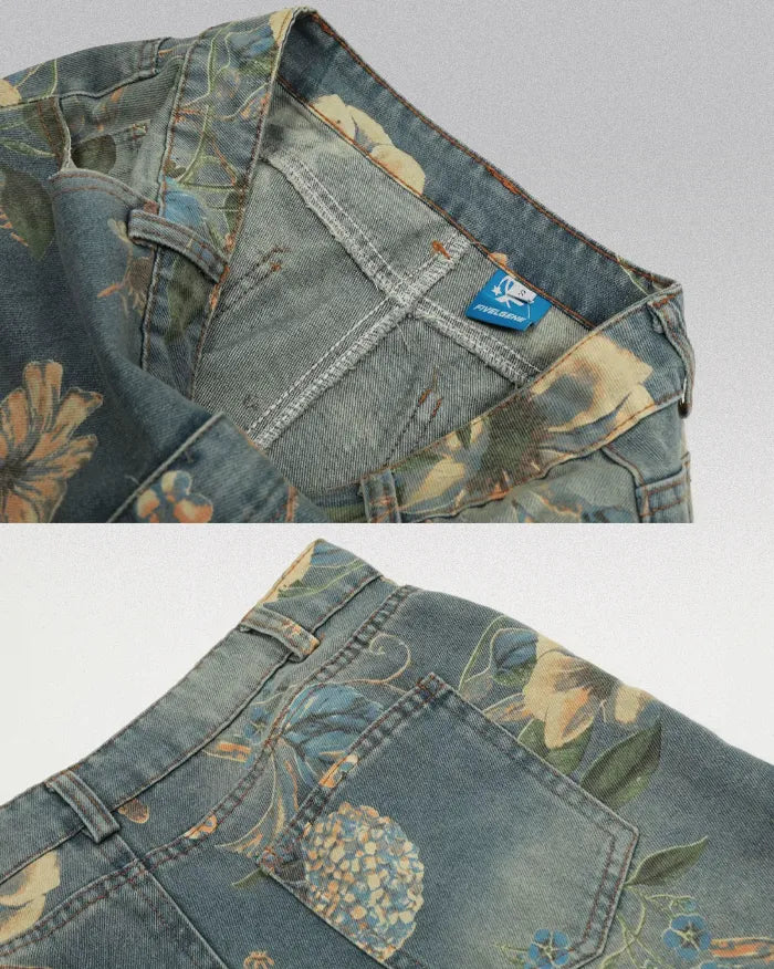 Printed floral jeans "Azure"